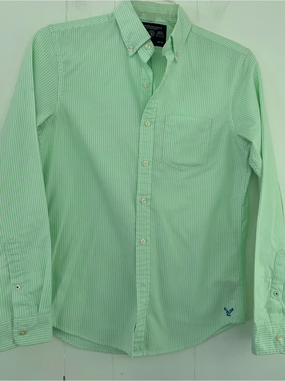 American Eagle Women’s Lime Green White Striped ButtonDown Shirt Top Slim Fit XS